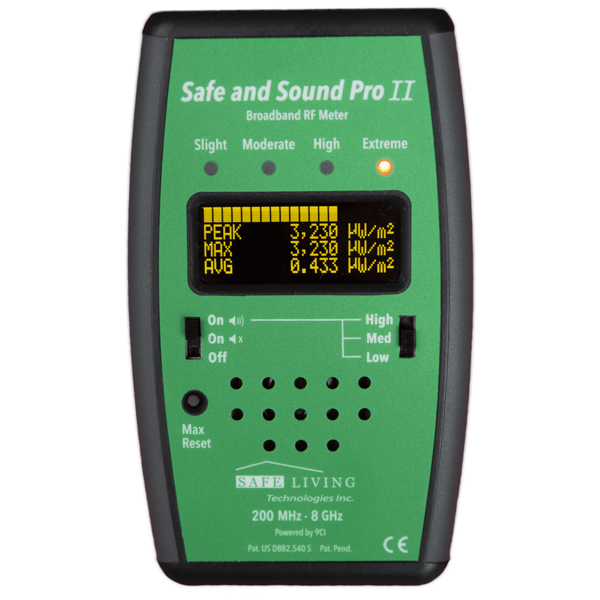 Green Safe and Sound Pro II RF meter display showing peak, max, and average measurements. Control buttons are on the bottom half.