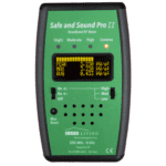 Green Safe and Sound Pro II RF meter display showing peak, max, and average measurements. Control buttons are on the bottom half.