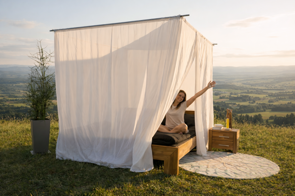 kvinne i skjermende baldakin i naturen