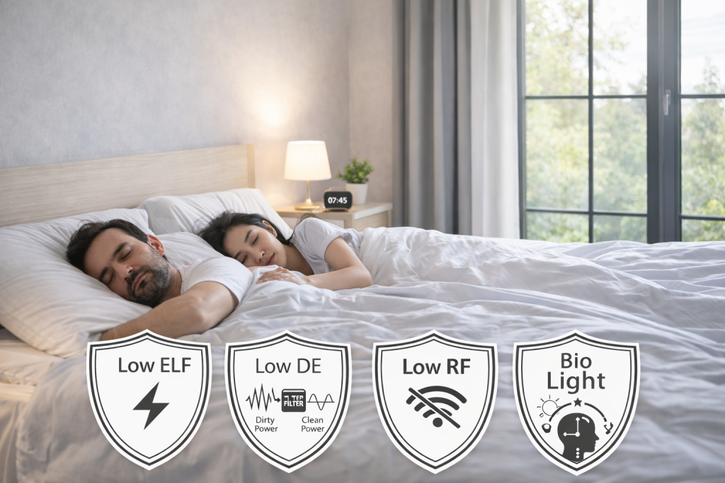 «Par som sover i et rolig soverom, med ikoner for Low ELF, Low DE, Low RF og Bio Light.»