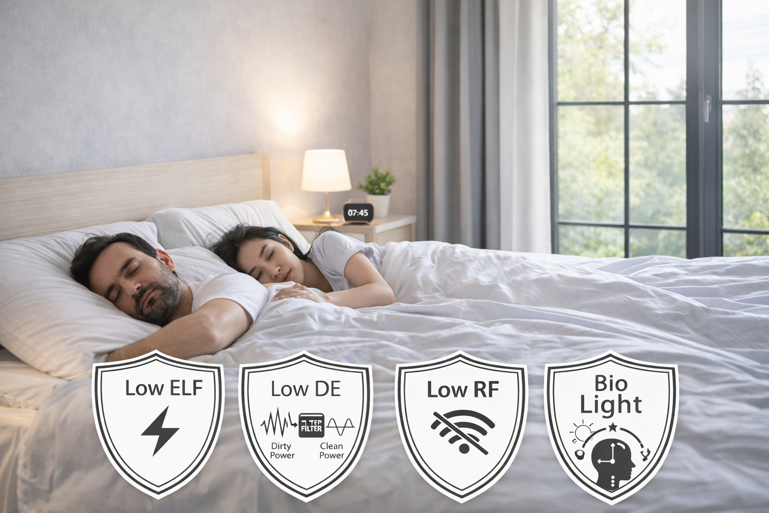 «Par som sover i et rolig soverom, med ikoner for Low ELF, Low DE, Low RF og Bio Light.»